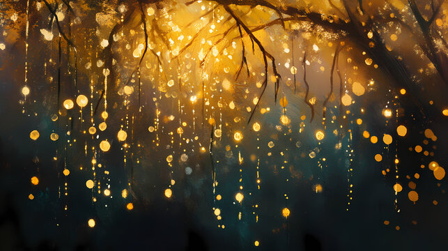 Golden strands shimmer under soft light with droplets adding a vibrant touch to the delicate textures during twilight. Twilight Radiance. Illustration