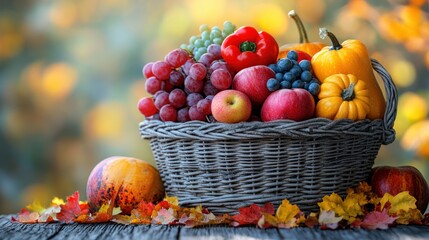 Vibrant autumn harvest basket filled with assorted fruits and vegetables on a rustic table