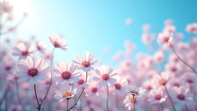 miniature flowers against blue sky with tilt shift