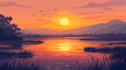 Obraz premium Sunset reflection over tranquil marsh lake nature landscape calm. Twilight Radiance. Illustration