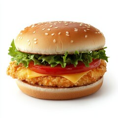 Crispy chicken sandwich with lettuce tomato and cheese on a sesame bun