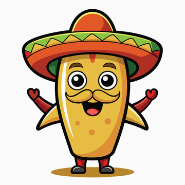 recommend clip art: Hand drawn taco cartoon illustration. burrito wear sombrero and hold maracas cartoon isolated colored drawing line art style sketch classic vintage design