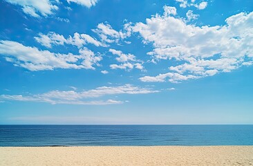 Obraz premium An abstract representation of a tropical beach with a blue sky and white clouds in the background