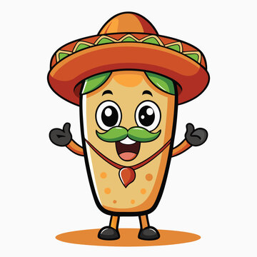 recommend clip art: Hand drawn taco cartoon illustration. burrito wear sombrero and hold maracas cartoon isolated colored drawing line art style sketch classic vintage design