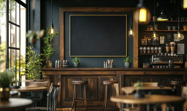 Customizable coffee shop chalkboard mockup with blank design, displayed in a cozy cafe with stylish lighting, ideal for daily specials, - Powered by Adobe