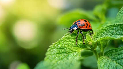 Fototapeta premium Colorful ladybug perched on a green mint leaf in a sunlit garden during springtime providing a close-up of nature's beauty