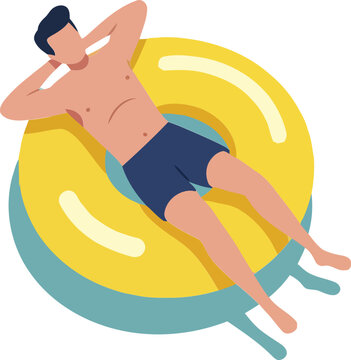 A relaxed man lounging on a yellow inflatable pool float in a flat and minimal design style vector illustration