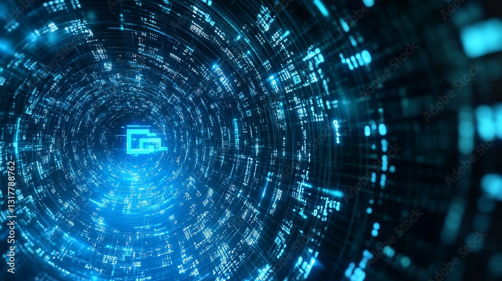Poster digital data vortex: abstract futuristic tunnel of binary code and glowing circuitry