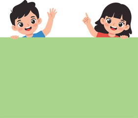 Two cheerful children waving and pointing while peeking over a blank green banner in a playful flat vector illustration