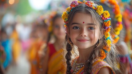 Colorful traditional festival where children follow the instructions of elders to receive sweets and gifts a joyous scene with music laughter and vibrant cultural decorations