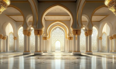 Obraz premium Majestic Mosque Interior with Golden Arches and Ornate Details