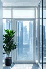 Fototapeta premium Modern office plant, city view, sunlight, interior design, real estate