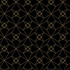 Fototapeta premium Abstract geometric pattern with squares, crosses, stripes, lines. Seamless vector background. Black and gold ornament. Modern reticulated graphic design.