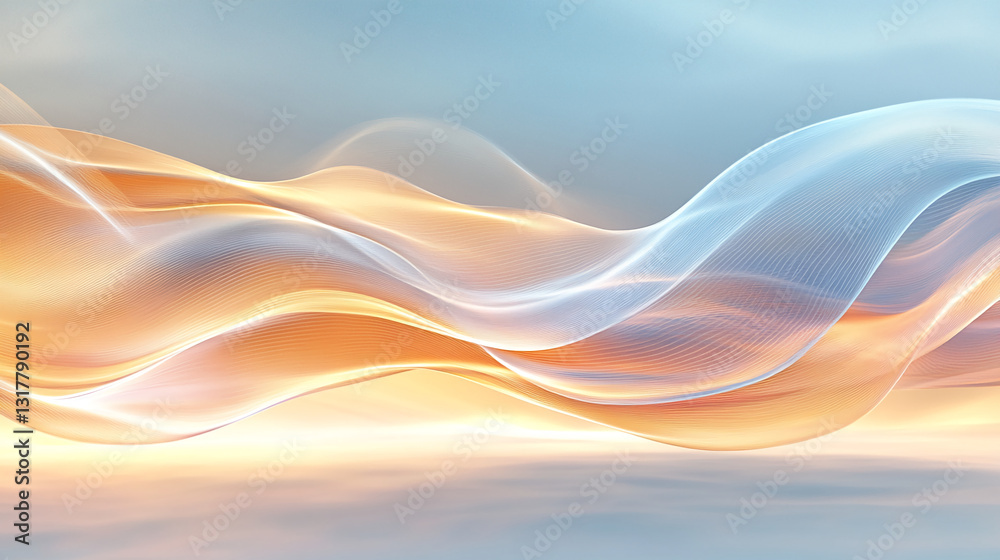 Poster abstract image of flowing, translucent waves in orange and blue hues creating a serene, calming atmo