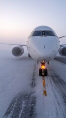 Plane taxiing snowy runway, dawn