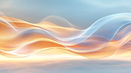 Abstract image of flowing, translucent waves in orange and blue hues creating a serene, calming atmosphere, suggestive of lightness, airiness and tranquility