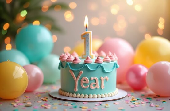 Festive first birthday cake celebration. Number one candle burns on top of tasty dessert surrounded by colorful balloons and confetti, creating cheerful joyful birthday anniversary atmosphere.