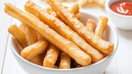 Crispy fried potato sticks served in a white bowl alongside dipping sauce in a bright kitchen setting during daytime