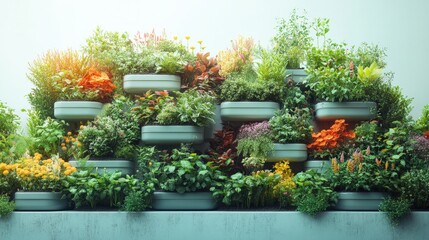 Vibrant vertical garden showcasing a variety of plants in modern planters against a light backdrop