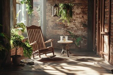 Obraz premium Cozy Indoor Oasis: Rustic Rocking Chair and Greenery in Sunlit Room with Brick Walls
