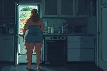 A large young woman in nightwear stands in the kitchen at night in front of the open door of the refrigerator and examines the food in it. Diet, night breakdown