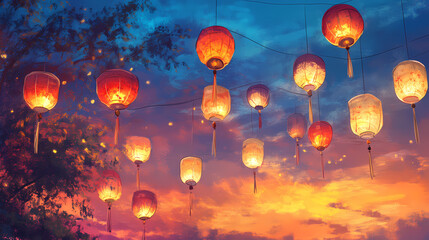 Colorful lanterns glowing against twilight sky. Twilight Radiance. Illustration