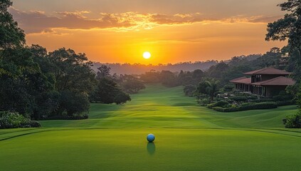 A picturesque view of a golf course at sunset featuring a blue golf ball positioned on the tee surrounded by a lush green fairway and a sky painted with warm hues of orange and yellow as the sun set