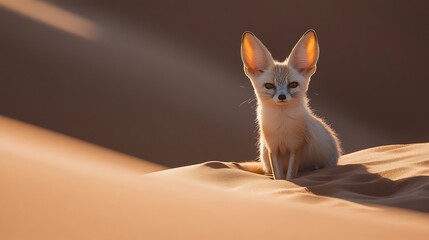 Fototapeta premium Fennec Fox Sitting on Sand Dune in Desert Landscape
