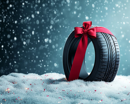 Black tire with red ribbon bow on snowy ground, winter holiday gift concept, showcasing product, free space for text