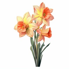 Fototapeta premium Bright daffodil blooms with trumpet shapes stand boldly against a clean white backdrop, showcasing natures beauty in pastel tones.