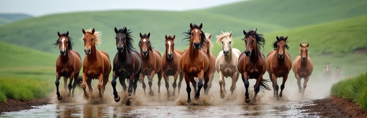 Herd of eight horses gallop through water on path with green rolling hills. Panorama shot of animals in motion, water splashing. Equine run free wild, majestic beauty, speed, power.