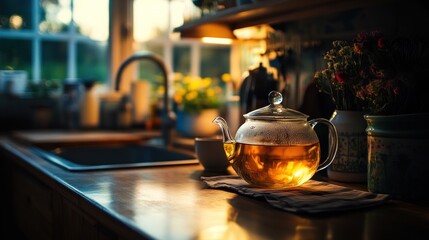 Inviting kitchen scene with herbal tea steeping in glass teapot and flower decor