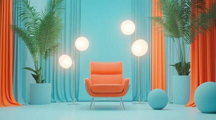 Obraz premium Vibrant modern living space orange armchair surrounded by lush greenery and soft ambient lighting in a stylishly colorful setting