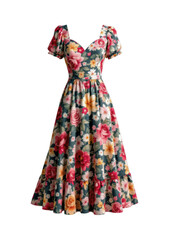 Fototapeta premium Vintage Style Floral Print Midi Dress with Sweetheart Neckline and Puff Sleeves, Romantic Rose Pattern Summer Fashion Design, Isolated on Transparent and White Background