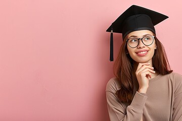 Smiling confidently, a young Hispanic woman in graduation attire crosses her arms and raises a hand to her chin, exuding positivity and accomplishment