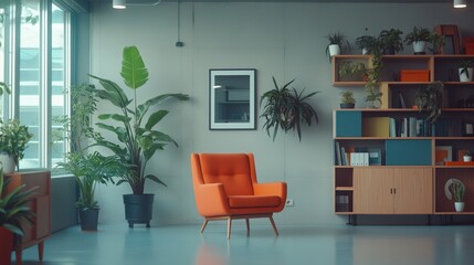 Bright orange armchair amidst a lush indoor plant oasis in a modern, minimalist workspace with stylish bookshelves and natural light