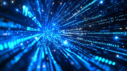 Digital Data Stream Futuristic Tunnel of Binary Code and Bright Blue Light Abstract Background