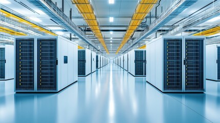 Futuristic data center interior with rows of server racks and illuminated ceiling, symbolizing modern technology and connectivity