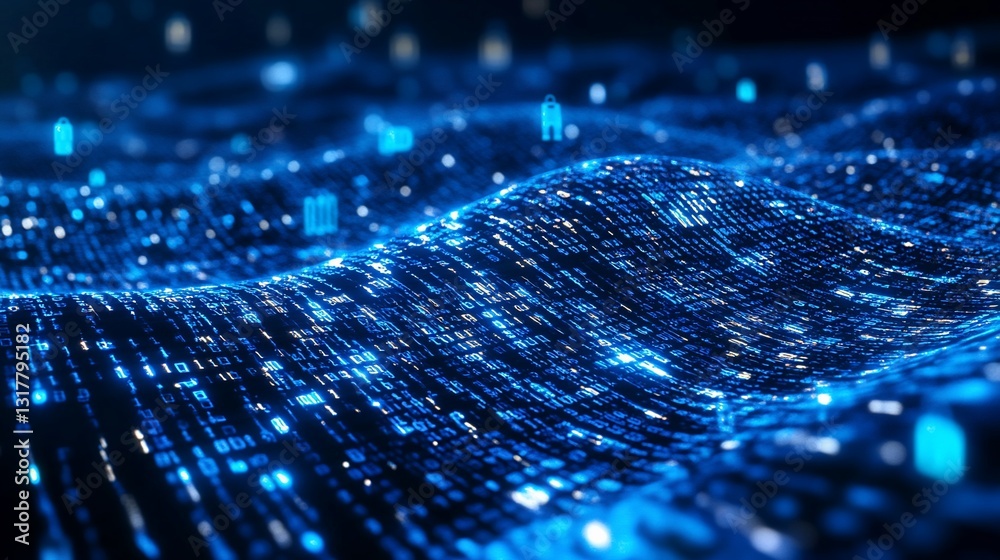 Poster abstract digital data flow visualization: binary code waves and cybersecurity