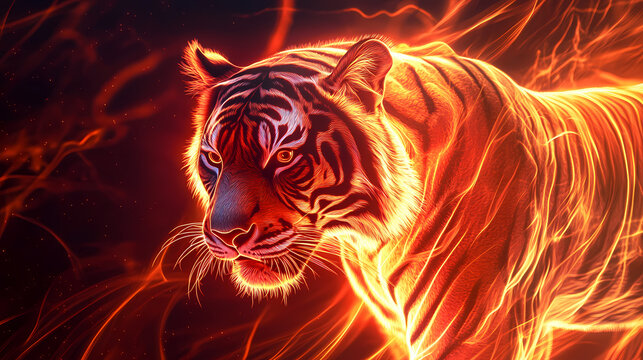 Abstract tiger illustration formed by pulsating red and orange light for dynamic visual. Pulsating Beams. Illustration