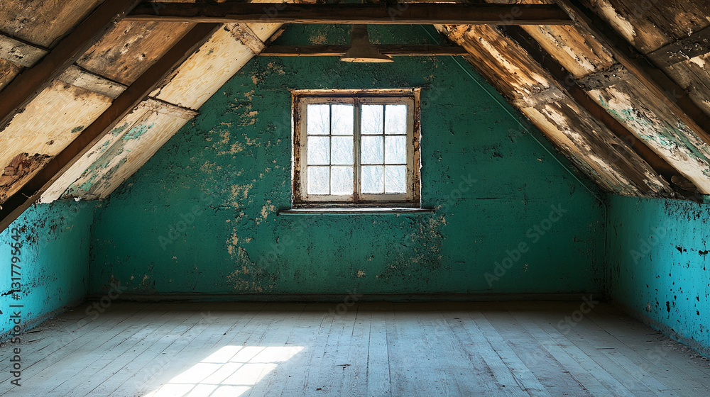 Poster empty attic room with teal walls, wooden beams, and a single window, showcasing aged, rustic charm a