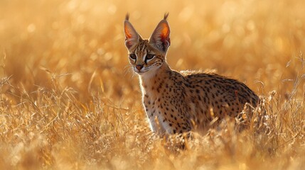 Naklejka premium A Serval cat, a wild feline species, sits hidden in tall, golden grass, bathed in the warm sunlight of its natural habitat. Its striking features and beautiful coat stand out against the background.