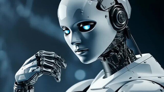 A contemplative humanoid robot with a sleek design and glowing eyes.