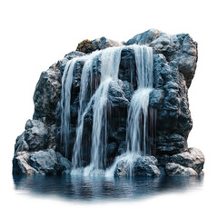 Large rock with a waterfall flowing out of it on transparent background