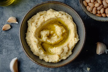 Smooth and creamy white bean dip garnished with olive oil sits in a dark bowl, surrounded by whole garlic cloves and a bowl of white beans, creating a rustic culinary scene