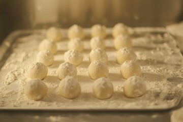 Perfectly Aligned Dough Balls on Floured Tray