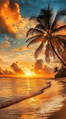 stunning ultra-HD mobile phone wallpaper featuring a breathtaking sunset over a tropical beach with palm trees and golden reflections on the ocean