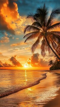 stunning ultra-HD mobile phone wallpaper featuring a breathtaking sunset over a tropical beach with palm trees and golden reflections on the ocean