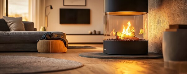 Modern fireplace with wood-burning stove in cozy living room, creating warm ambiance amidst dancing fire flames in an inviting home setting.