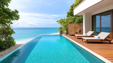 Fototapeta premium Luxury Beachfront Villa Infinity Pool - Luxury travel
